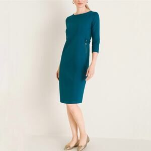 Chico's 3/4 Sleeve Ponte Knit Sheath Dress Blue Green Size 10